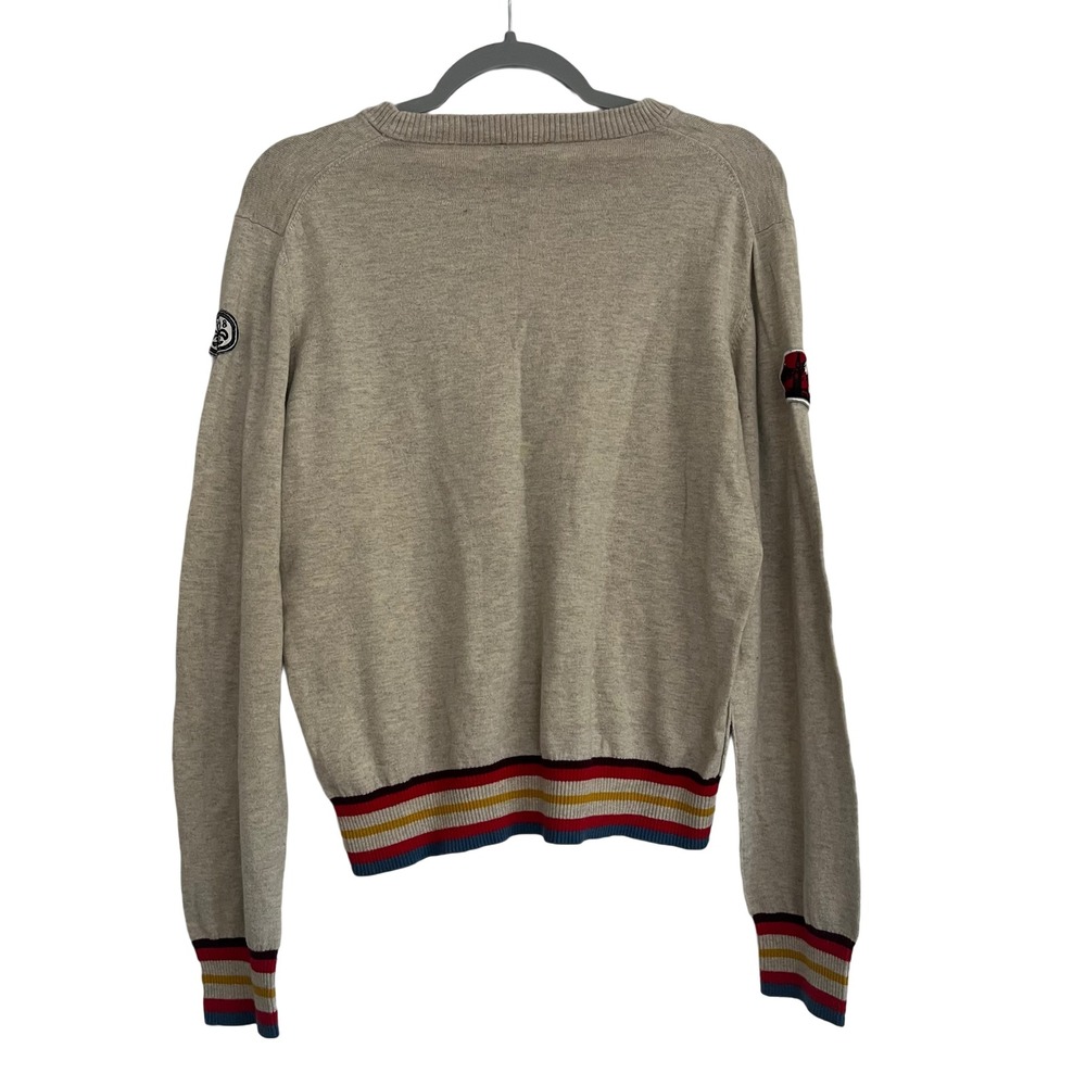 Diesel Patchwork Crewneck Sweater M Oatmeal Striped Trim Wool Blend Retro - Picture 2 of 7